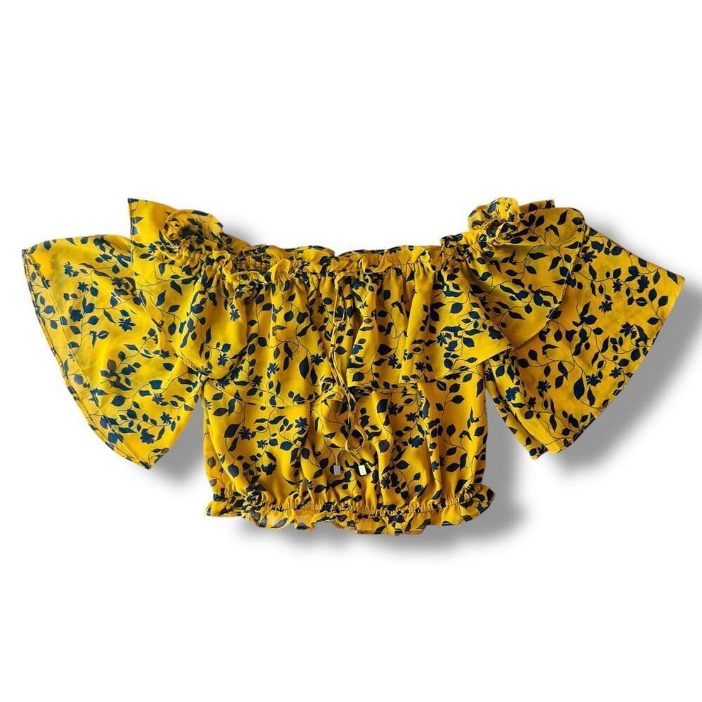 FAVLUX Yellow Floral Off-Shoulder Ruffle Crop Top Size Small